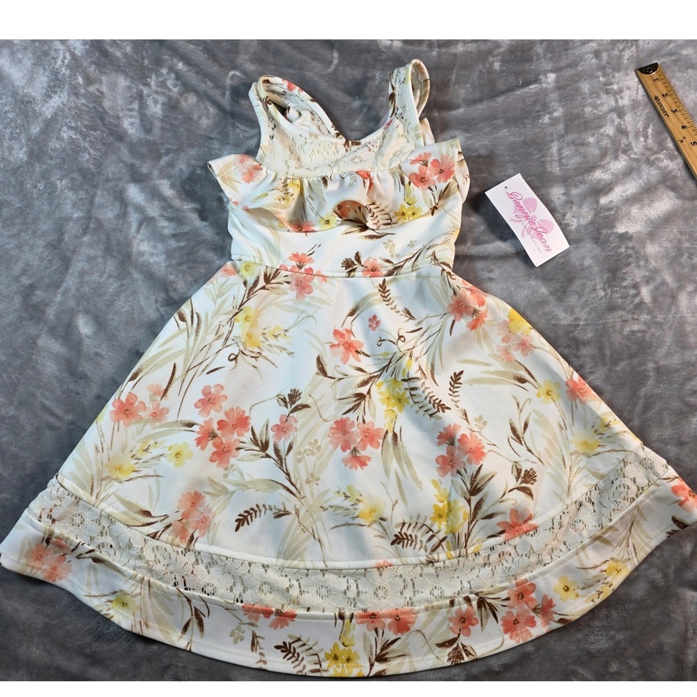 Bonnie Jean Floral Dress Girls Size 7 Ivory Peach Ruffle Lace Back Bow NWT